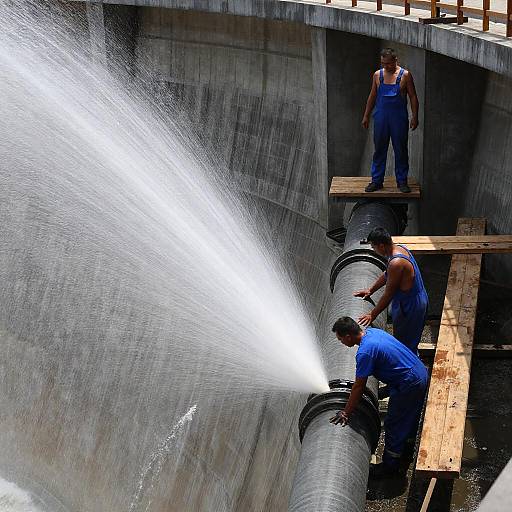 Men Working Inside a Dam with Pipes