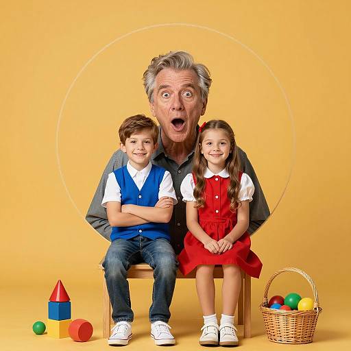 Surprised Grandpa with Two Smiling Children