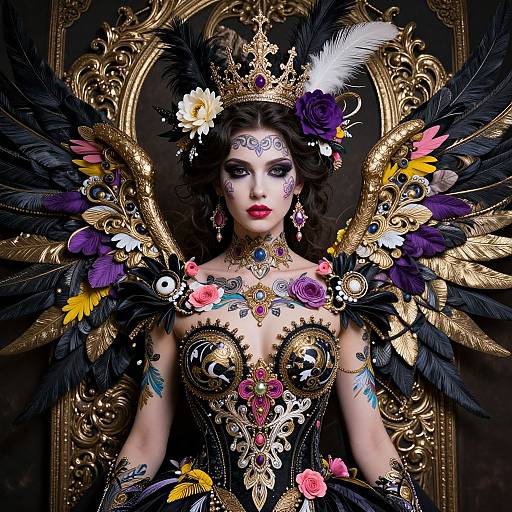 Photograph of a Victorian-style woman with elaborate black, gold, and colorful feathered wings, adorned with flowers and jewels, wearing a detailed crown and
