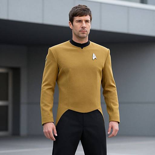 Photograph of a serious-looking man with short brown hair wearing a mustard-yellow Star Trek uniform with black pants and a black collar, standing in front of