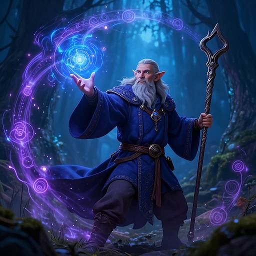 Digital fantasy artwork of a white-bearded, elven wizard in blue robes, conjuring a glowing blue orb surrounded by purple magic circles in a mystical