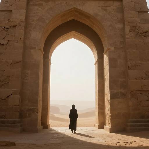 Photograph of a lone figure in a black robe standing in a sunlit, ancient stone archway, casting a long shadow.