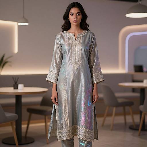 Photograph of a young South Asian woman with wavy black hair, wearing a silver, iridescent, embroidered long tunic, standing in a