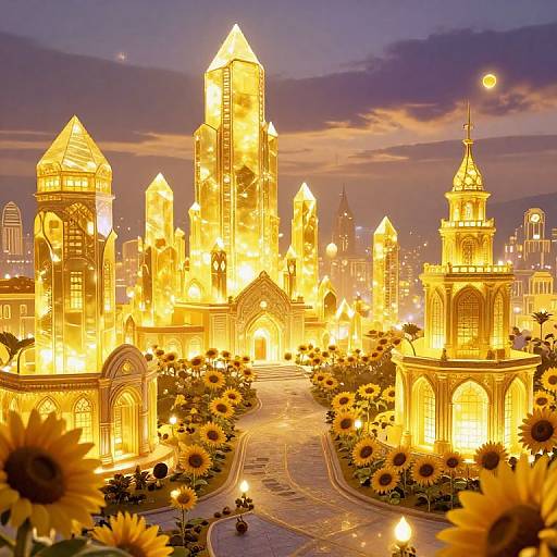 Photograph of a glowing, golden-hued, fantasy cityscape at twilight, featuring sunflower-lined pathways, ornate towers, and a radiant,