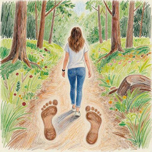 Young Woman Walking Through Forest Trail with Large Footprints