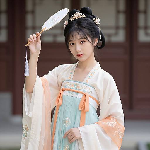 Photograph of an East Asian woman in traditional white and blue kimono, holding a fan, with black hair in a bun, wearing a gold ti