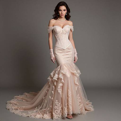 Photograph of a dark-haired woman in an off-shoulder, white lace and satin mermaid wedding dress with a long, ruffled train,