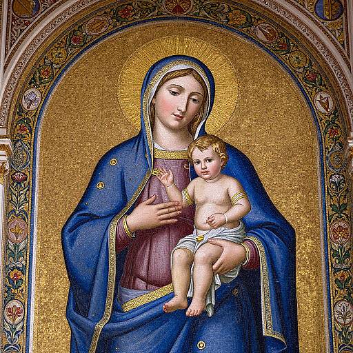 Mosaic-style depiction of the Virgin Mary with a golden halo, blue cloak, and red dress, holding a naked baby Jesus with a white cloth.