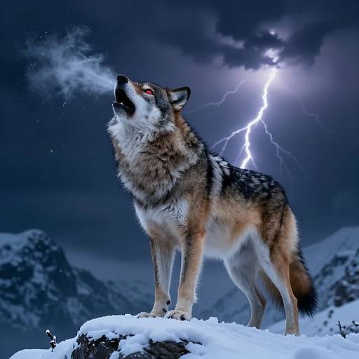 Photorealistic digital artwork of a howling wolf with glowing red eyes, standing on snowy mountain peak, against a stormy night sky with bright lightning