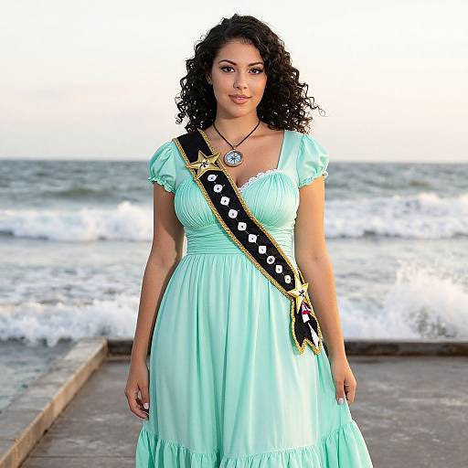 Photograph of a curly-haired woman with medium brown skin wearing a light blue dress and black star-studded sash, standing by a beach with waves