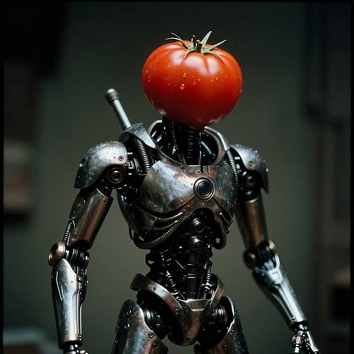 Photograph of a metallic robot with a shiny, red tomato for a head, standing against a dark, blurred background.