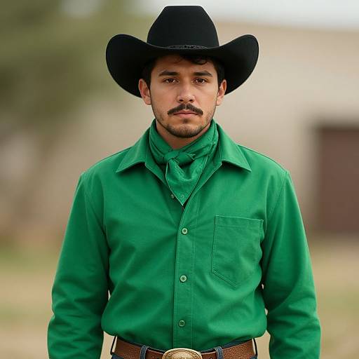 Photograph of a young man with a mustache, wearing a black cowboy hat, green shirt, green neckerchief, and brown belt, standing