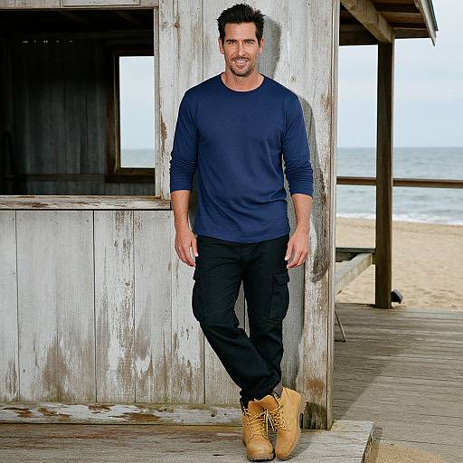 Photograph of a bearded man with short dark hair, wearing a navy long-sleeve shirt, black pants, and tan boots, leaning against