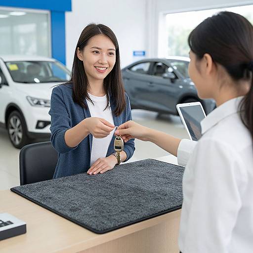 Photograph of an Asian woman in a blue blazer and white shirt, smiling, handing a key to a man in a white shirt at a car