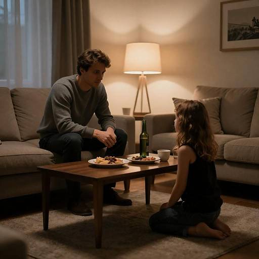 Dimly Lit Living Room Conversation Scene