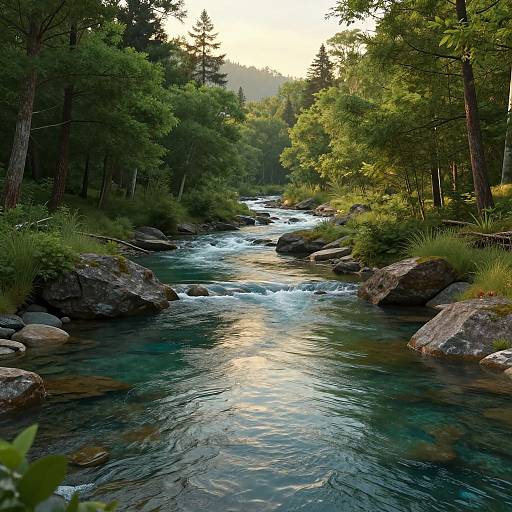 Photograph of a serene, clear river flowing through a lush, green forest with tall trees, large rocks, and gentle sunlight filtering through the canopy.