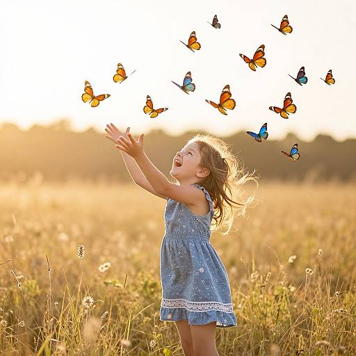 Photograph of a young girl in a blue dress, laughing, with arms raised, surrounded by fluttering orange and blue butterflies in a sunlit me