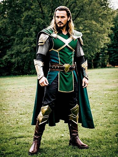 Photograph of a bearded man with long blonde hair, wearing medieval armor and a green tunic, standing on grassy field with trees in the