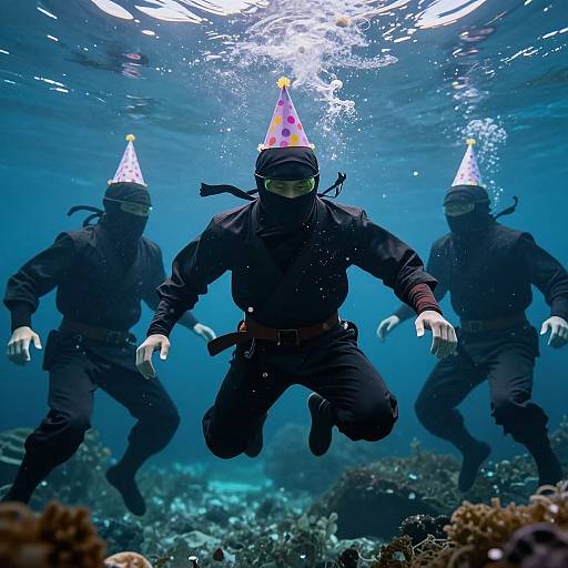 Photograph of three masked, black-clad ninjas underwater, wearing colorful party hats, jumping towards coral reefs, illuminated by sunlight from above.