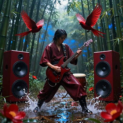 Samurai Drummer in Crimson Guitar Splash