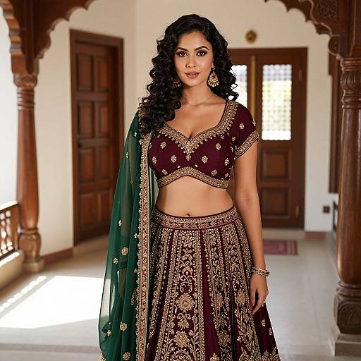 Photograph of a beautiful South Asian woman with curly black hair, wearing a maroon and gold embroidered traditional outfit with green dupatta, standing in a