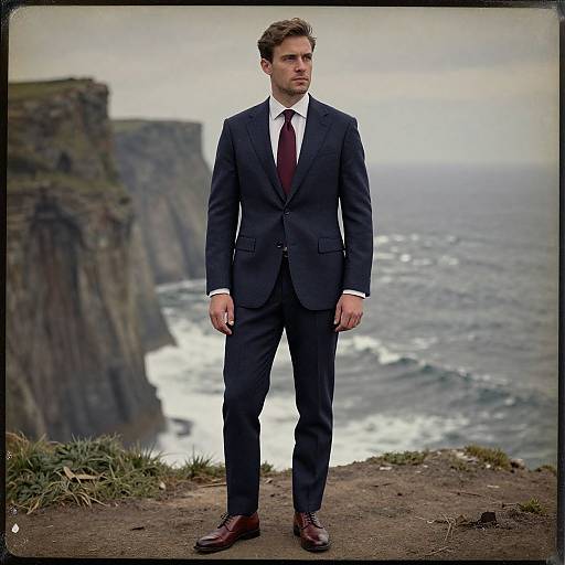 Photograph of a handsome, serious-looking man in a dark blue suit, red tie, and brown shoes standing on a cliff overlooking a stormy ocean