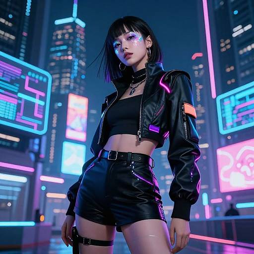 Neon-lit cyberpunk cityscape: Asian woman with black bob, glowing blue eyes, black crop top, high-waisted shorts, and
