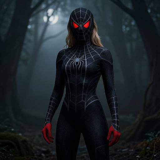 Photograph of a woman in a black spiderweb-patterned superhero suit with glowing red eyes, standing in a dark, foggy forest.