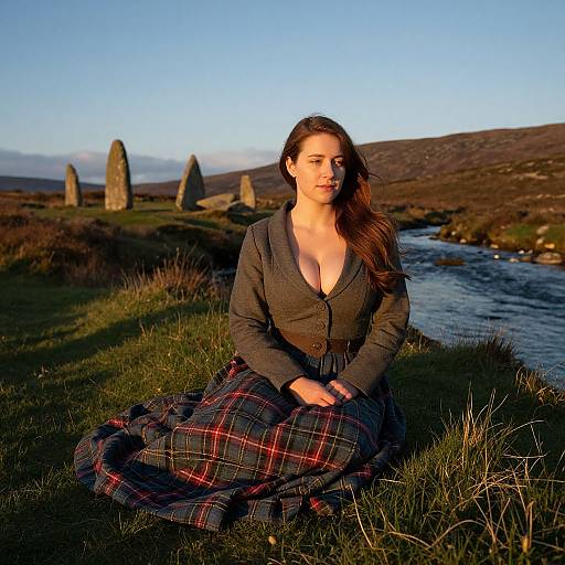 Photograph of a young woman with long brown hair, fair skin, wearing a gray cardigan and plaid skirt, seated on grass by a river