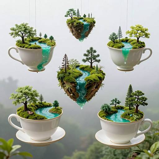 Photograph of six white teacups suspended, each containing miniaturized landscapes with green trees, blue streams, and rocky terrain, set against a