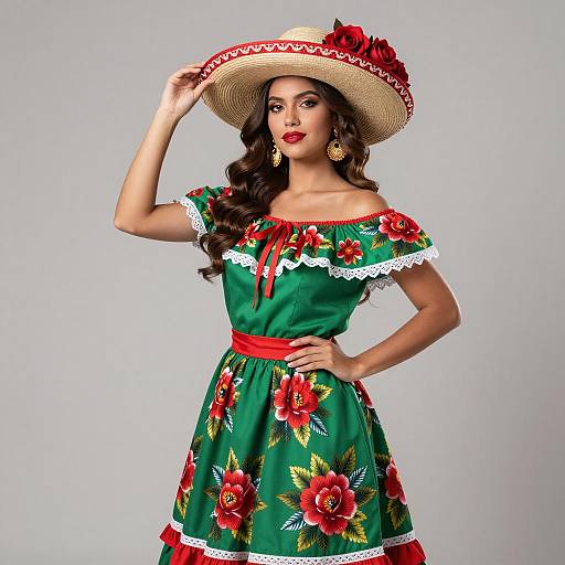 Mexican Woman in Traditional Dress with Floral Hat