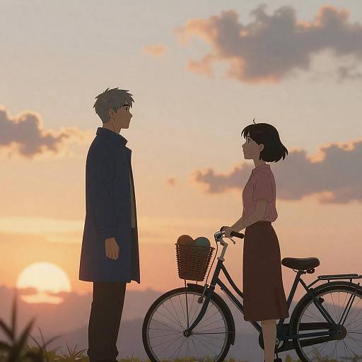 Sunset Anime Couple with Bicycle