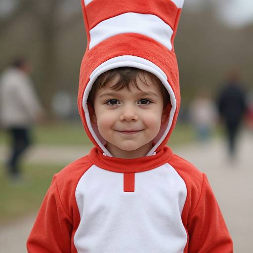 Photograph of a young boy with light skin and brown eyes, wearing a red and white striped hoodie with a tall, red and white hat, smiling