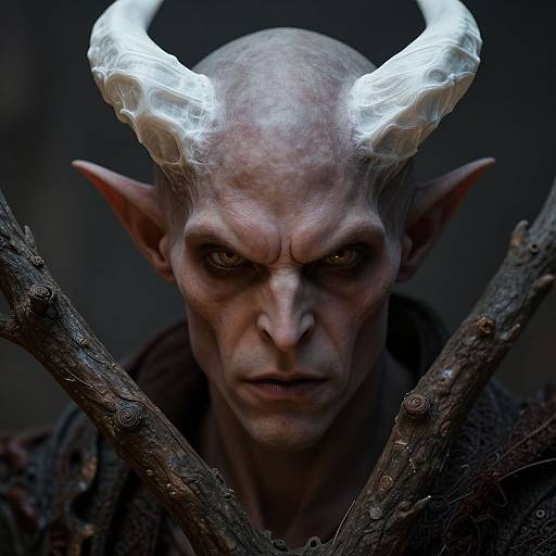 CGI close-up of a menacing, pale-skinned demon with glowing white horns, pointed ears, and intense eyes, framed by crossed wooden sticks.