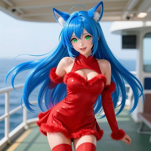 Digital anime-style image of a blue-haired, green-eyed girl with cat ears in a red, fur-trimmed outfit, standing on a ship deck