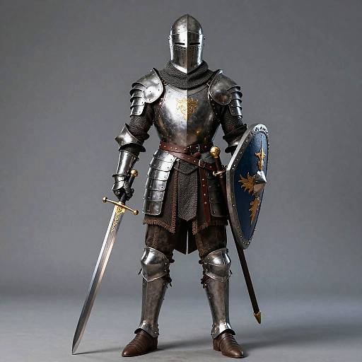Photograph of a medieval knight in shiny silver armor, holding a sword in the right hand and a blue shield with a sun emblem in the left.