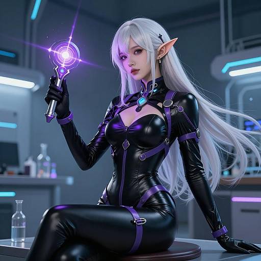 Futuristic Elf Woman in Cyberpunk Lab