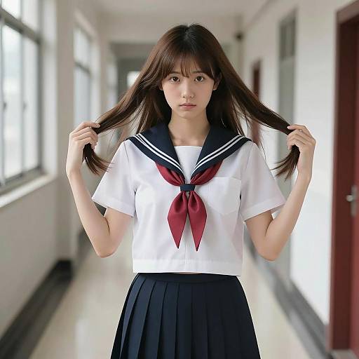 Portrait of Schoolgirl in Blurred Hallway