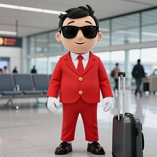 Cartoon man with black hair, sunglasses, red suit, white shirt, red tie, white gloves, and black shoes, standing in airport holding black