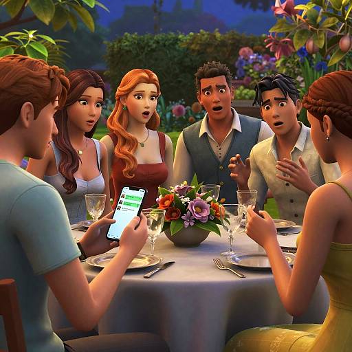 Digital CGI image of five surprised adults with shocked expressions, seated at a table with flowers, wine glasses, and a phone.