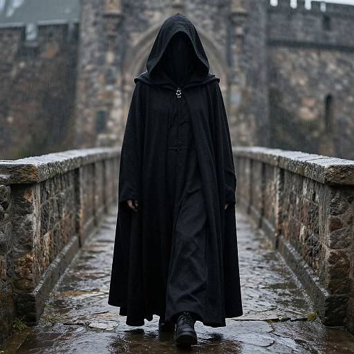 Photograph of a mysterious figure in a black hooded cloak standing on a wet, stone bridge with blurred medieval castle in background, under overcast sky