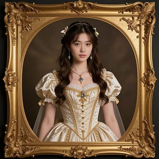Photograph of an East Asian woman with long black hair, wearing a cream and gold Renaissance-style dress, framed in an ornate gold oval frame.