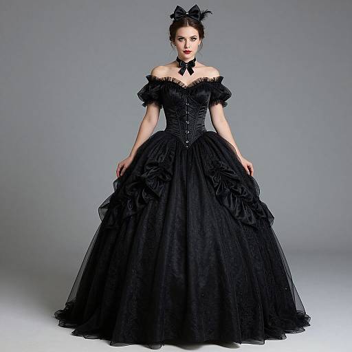 Photograph of a pale-skinned woman in an off-the-shoulder, black, Victorian-style gown with a voluminous skirt and lace details,