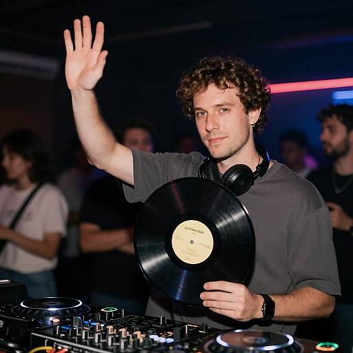 Curly Hair DJ Waving With Vinyl