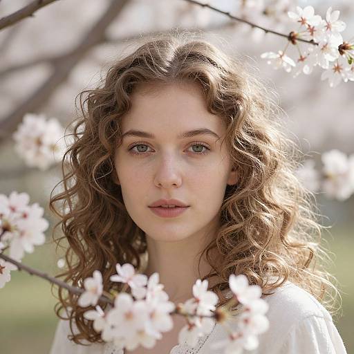 Photograph of a young woman with curly brown hair, fair skin, and green eyes, surrounded by blooming cherry blossoms in soft sunlight.