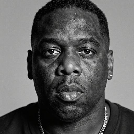 Black and white portrait photograph of a heavyset Black man with short curly hair, wearing a dark shirt and silver chain, looking directly at the camera with