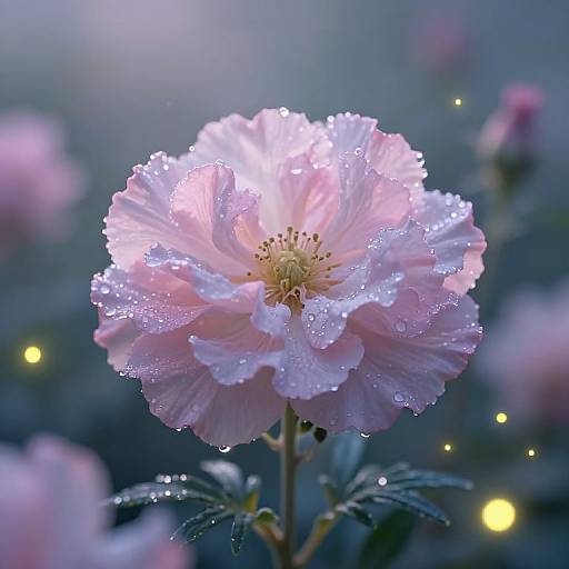 Photograph of a delicate pink poppy flower covered in sparkling dewdrops, with a blurred, twilight blue background and soft yellow lights.