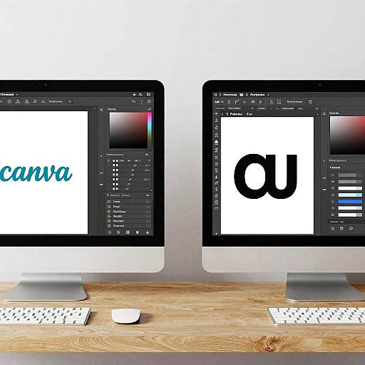 Photograph of two Apple iMacs on a wooden desk, displaying graphic design software with 