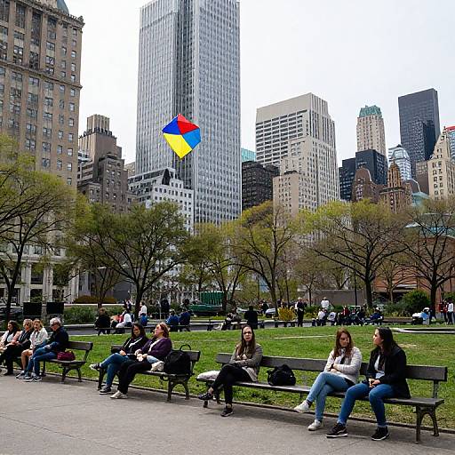 Photograph of a city park with people sitting on benches, colorful kite flying, and tall skyscrapers in the background.