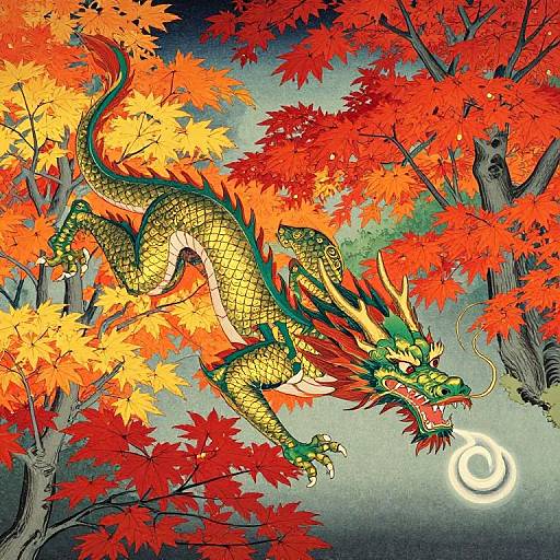 Vibrant digital illustration of a green, yellow-scaled dragon with red and orange accents, weaving through autumn trees with fiery red and orange leaves,